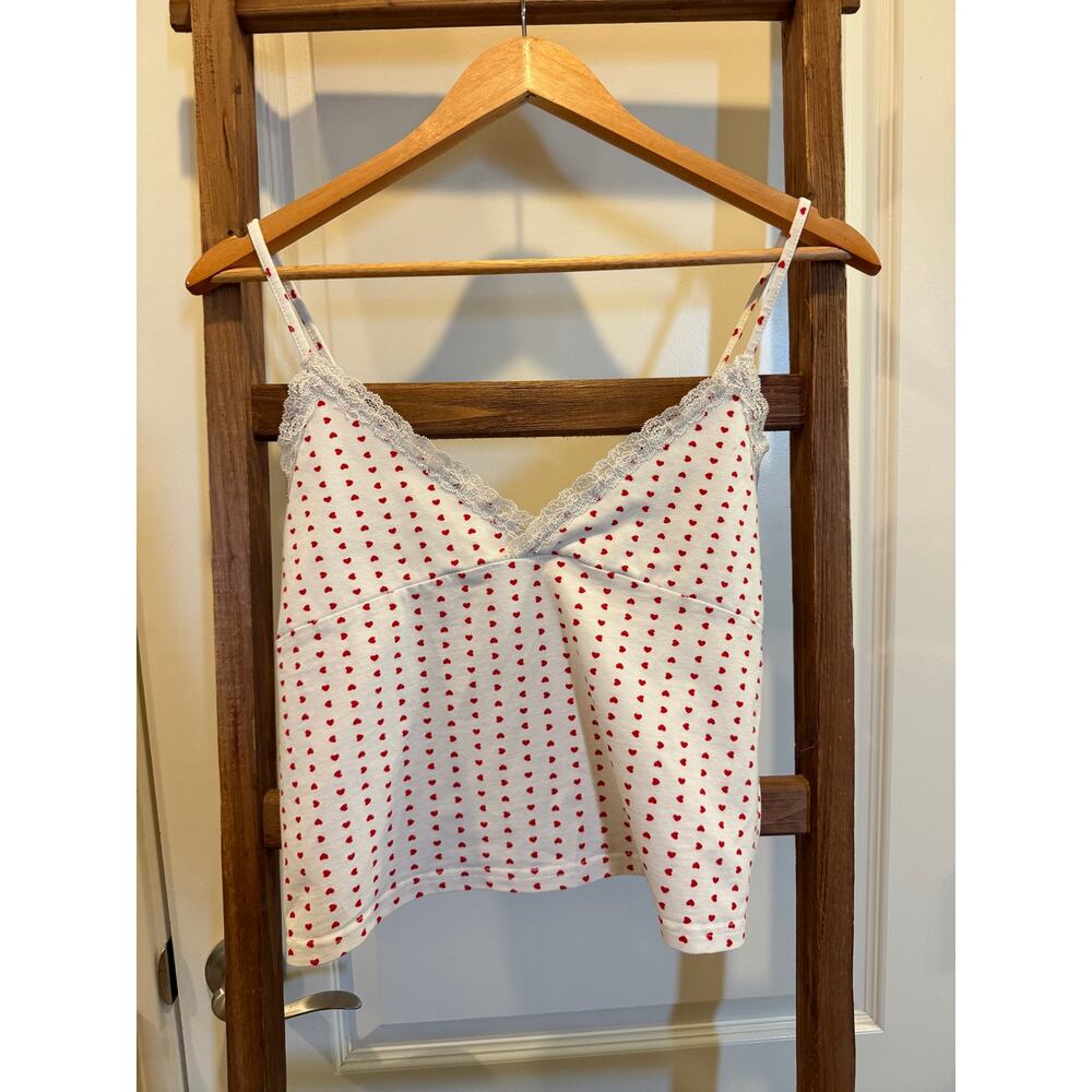 White Red Heart Print Lace Trim Cami Tank -adjustable straps Top Y2K size Large